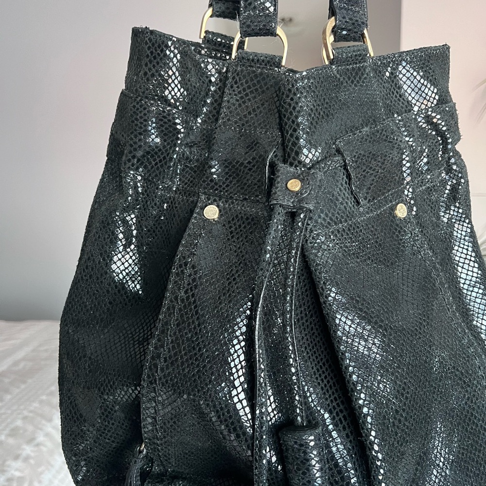 Cole Haan Black Snake Embossed Leather Drawstring Hobo Bag